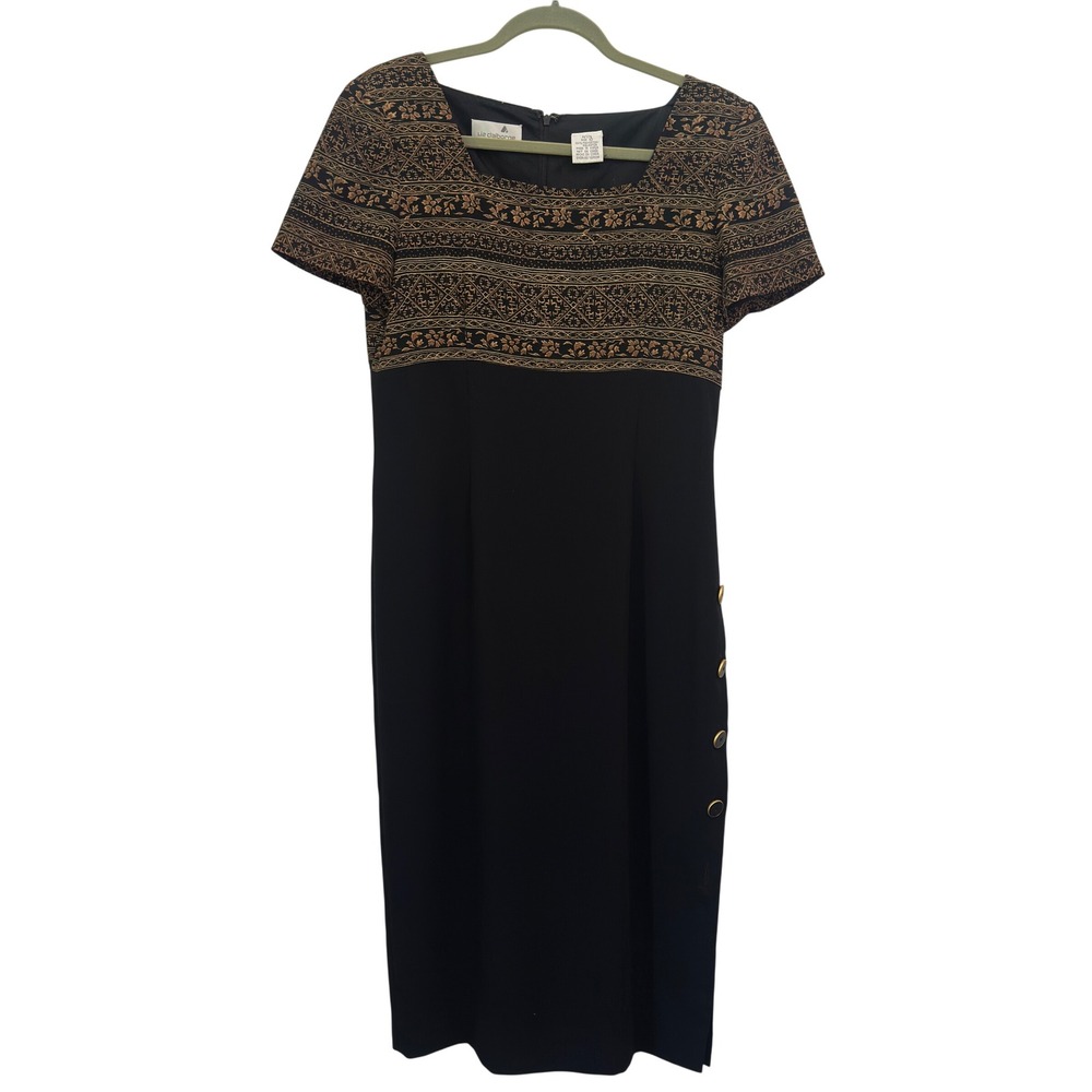 Liz Claiborne Dress Vintage 90s Black Gold Metallic Floral Sheath Petite 10P